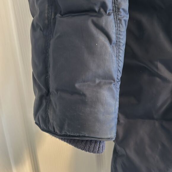 Andrew Marc Women’s Navy Blue Long Puffer Coat Hood Raccoon Fur Belted Waist XS - Picture 4 of 8